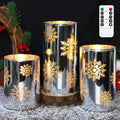 Crystal Club Christmas Flameless Candles with Remote, Set of 3, Snowflake Plating Battery Operated LED Candles, Glass Effect Pillar Candle Flickering with Remote for Home Decor