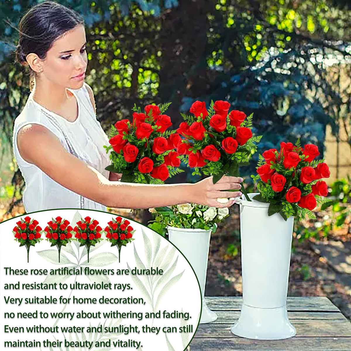 Artificial Rose Flowers Bouquet Realistic Silk Rose Fake Flowers for Wedding Home Centerpieces Party Cemetery Grave Decoration (4 Bouquets, Red)