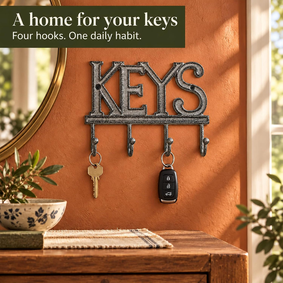 Comfify Gray Cast Iron Key Holder for Wall – Keys Sign with 4 Hooks