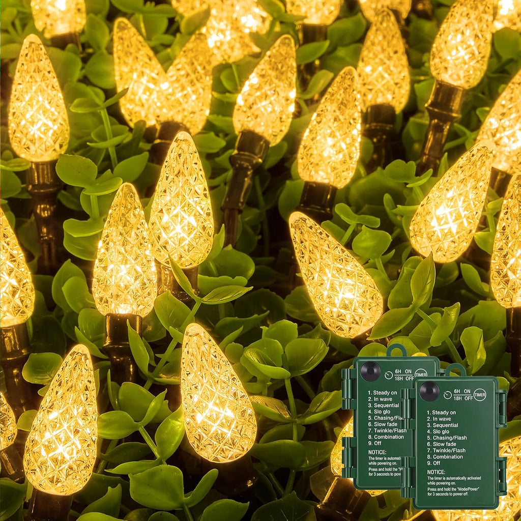 2 Pack C6 Battery-Operated-Christmas-Lights Total 33FT 100LED Warm White