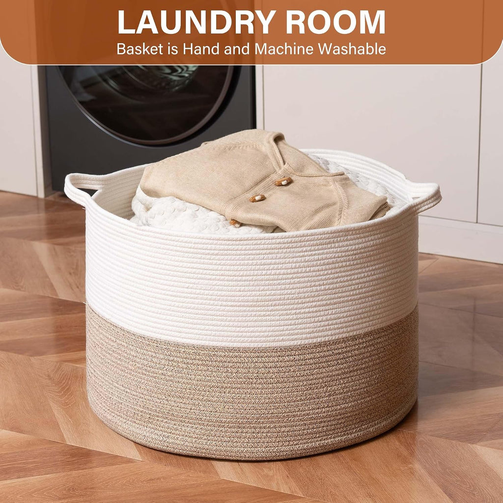 Foldable Laundry Hamper Basket with Collapsible Handle Cotton Rope Soft Woven Fabric Storage Organizer Clothes Toys Nursery Bedroom Dorm Space Saving Bin (White & Brown, 115L(23.6"D x 15.7"H))