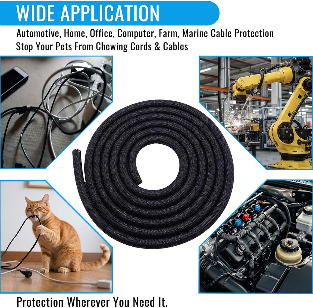 1/2" - 10Ft Split Braided Cable Sleeve, Wire Loom Tubing, Black