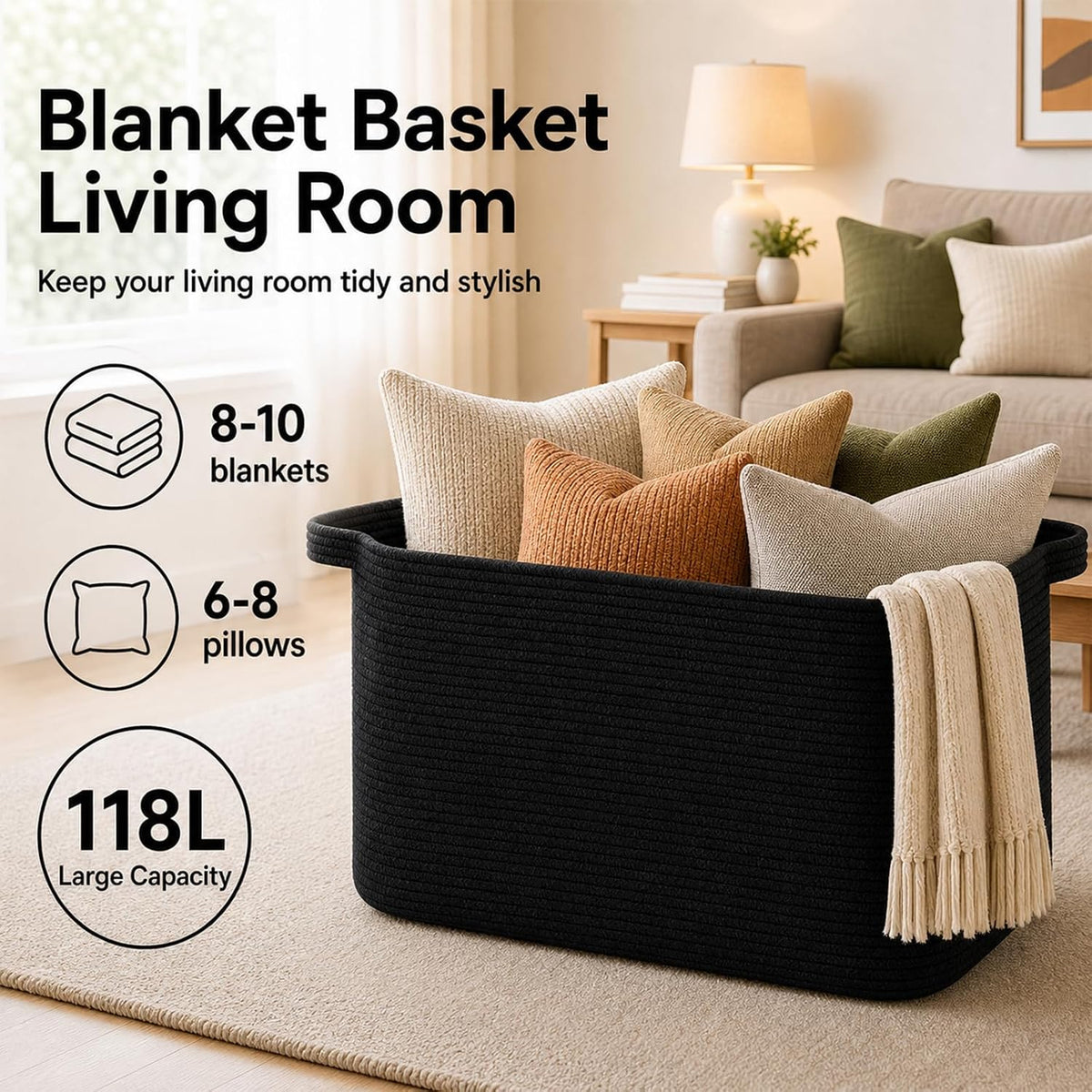 OIASKET 118L Extra Large Blanket Basket Living Room, 24.8"x17.7"x16.2"