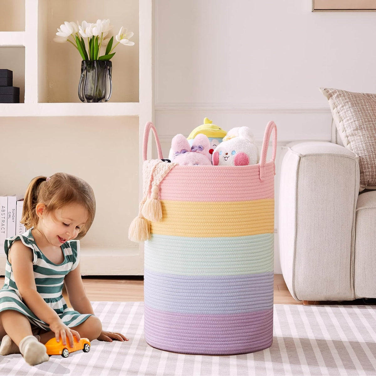 Laundry Basket Girls Kids Hamper 80L Tall Rainbow Hamper for Girls Room