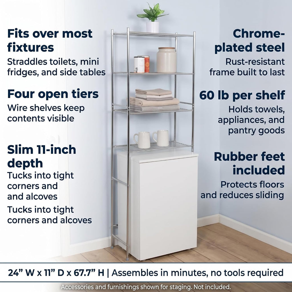 Honey-Can-Do Over-the-Toilet Bathroom Storage Shelf, Steel, Chrome, 4-Tier