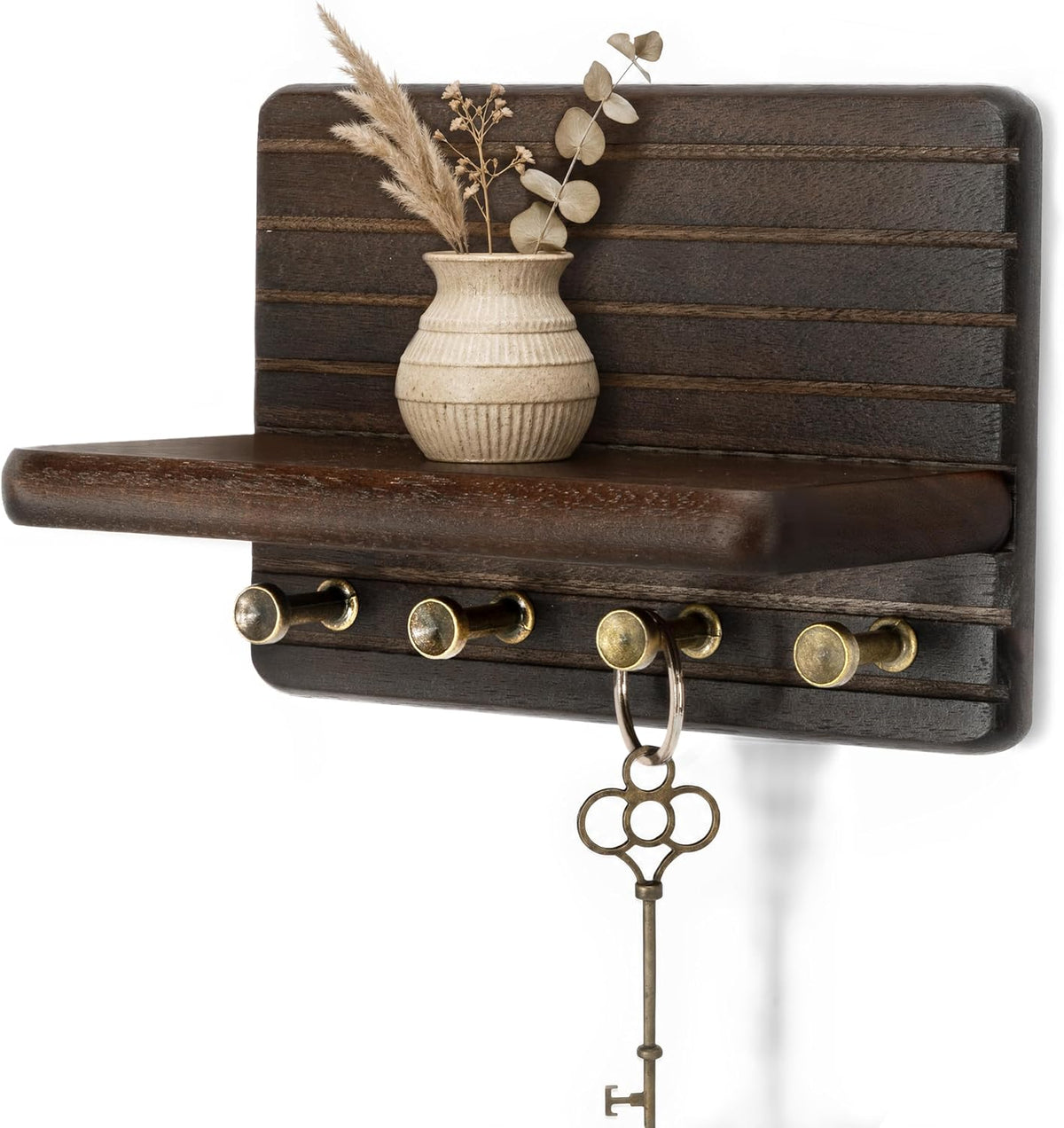 Rebee Vision Acacia Wood Key Holder Wall Mount for Entryway, Dark Brown