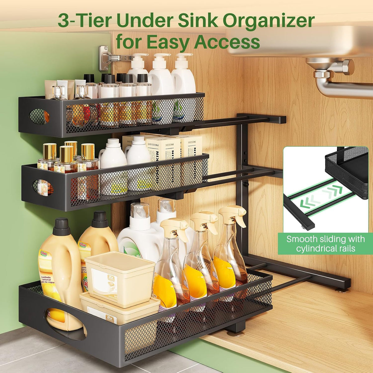 Kitstorack Under Sink Organizer 3-Tier Slide Out Drawer 1-Pack Black