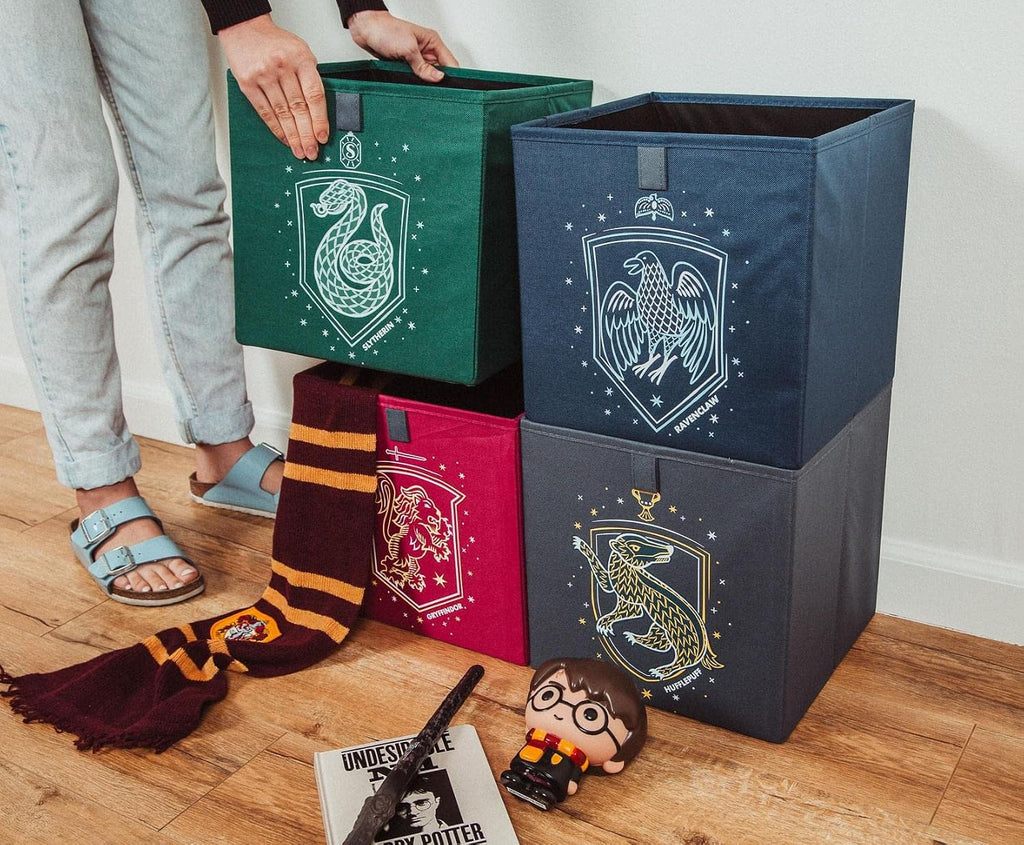 Ukonic Harry Potter Hogwarts Houses 11-Inch Storage Bin Cube Organizers, Set of 4 | Fabric Basket Container, Cubby Cube Closet Organizer | Wizarding World Gifts And Collectibles
