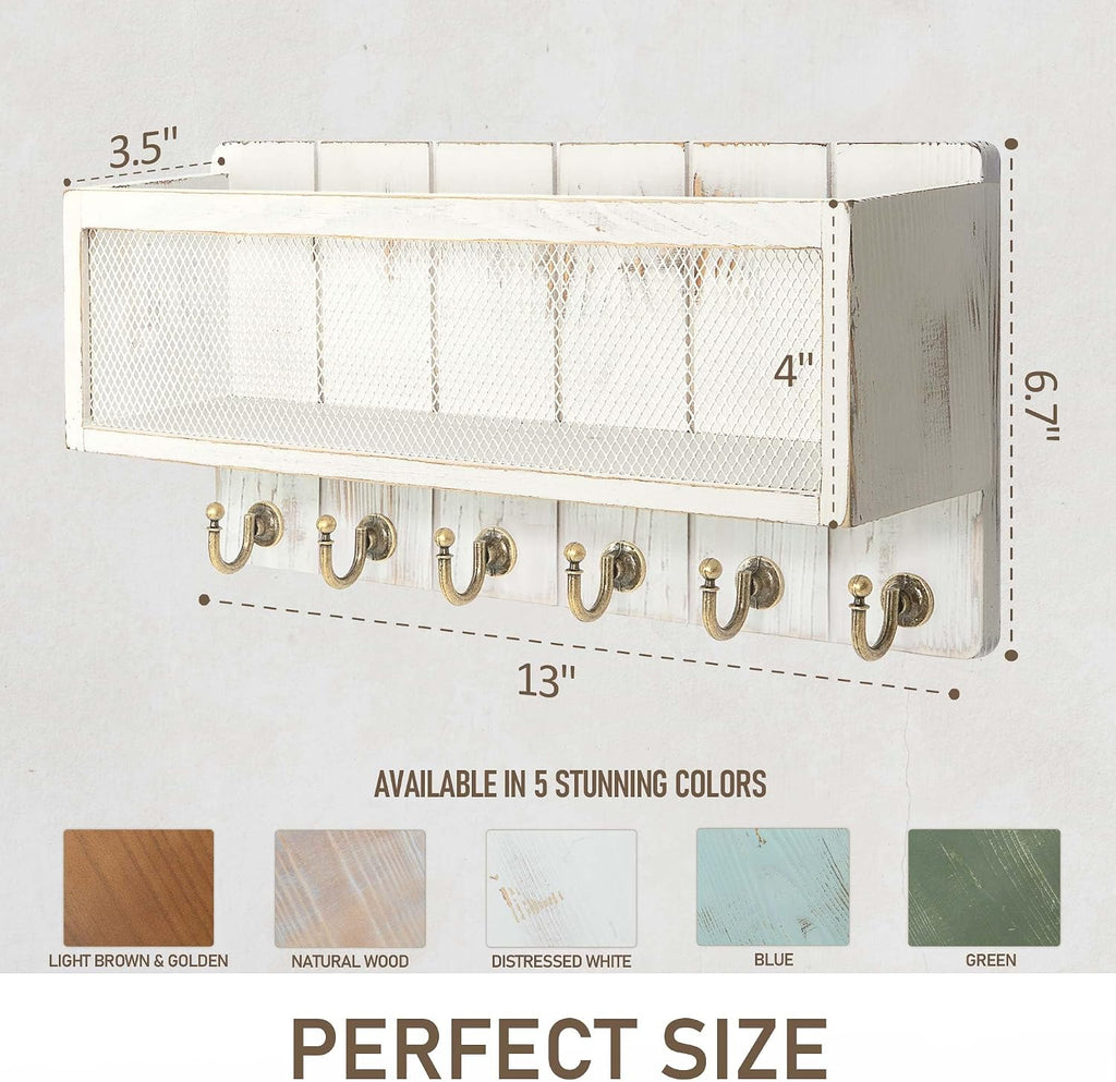 Rebee Vision Key Holder Wall Mount with Mail Basket for Entryway, Whitewash