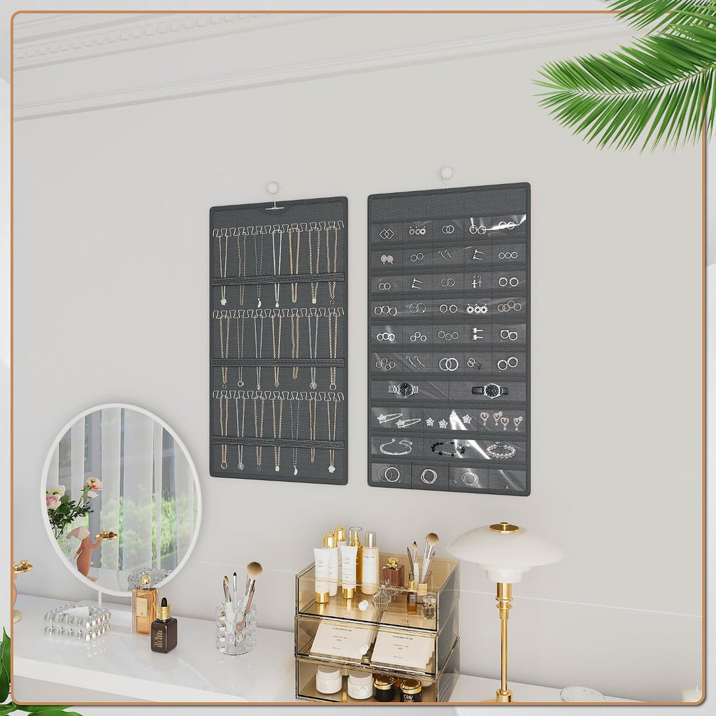 Hanging Jewelry Organizer, Double-Sided Necklaces Holder, Dark Gray