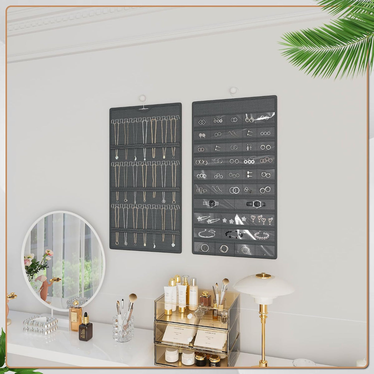 Hanging Jewelry Organizer, Double-Sided Necklaces Holder, Dark Gray