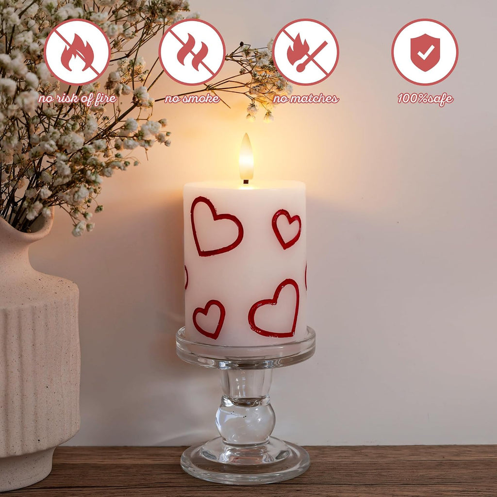 Valentines Day Heart Candles, Flameless Pillar Candles with Remote