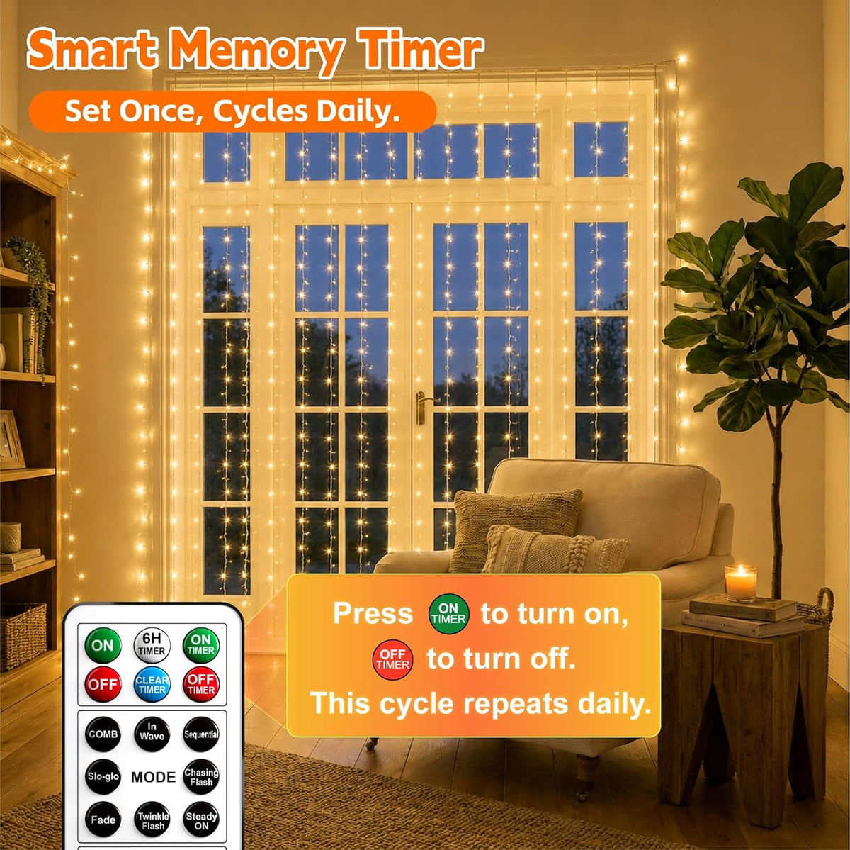 Curtain String Light, 300LED 9.8x9.8ft, Remote & 8 Modes, USB
