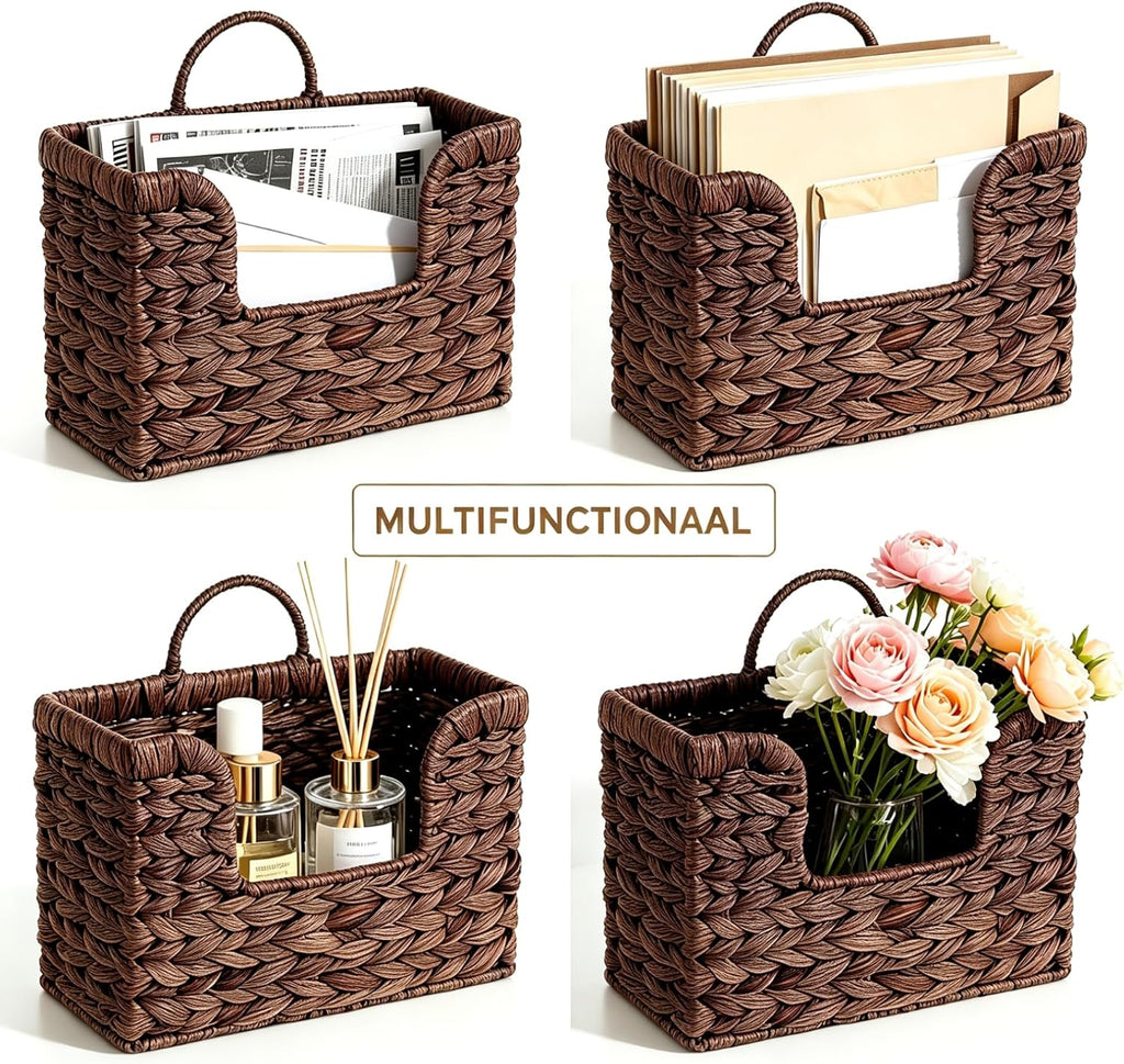 Hanging Magazine Basket, Woven Wall Magazine Holder Organizer with Handle for Mail, Files, Books - Water Hyacinth Farmhouse Storage Rack for Bathroom, Kitchen, Office (1, Brown)