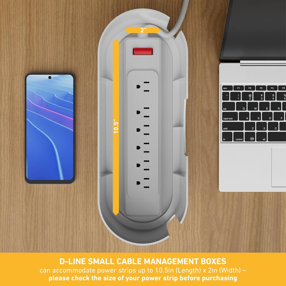 D-Line Cable Management Box, Power Strip Holder, Floor Outlet Hiders, Desk Cord Organizer, Cover TV Wires, Wire Storage, Extension Hider, Office Concealer for Cords - Small, Wood-Effect Lid