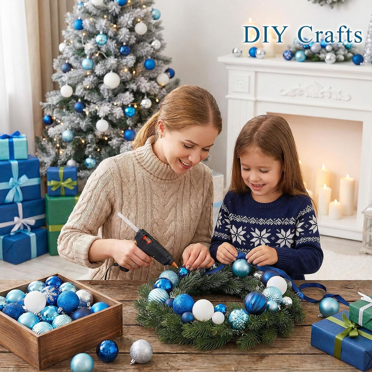 DOMESTAR 100 PCS Shatterproof Blue Christmas Ornament Set