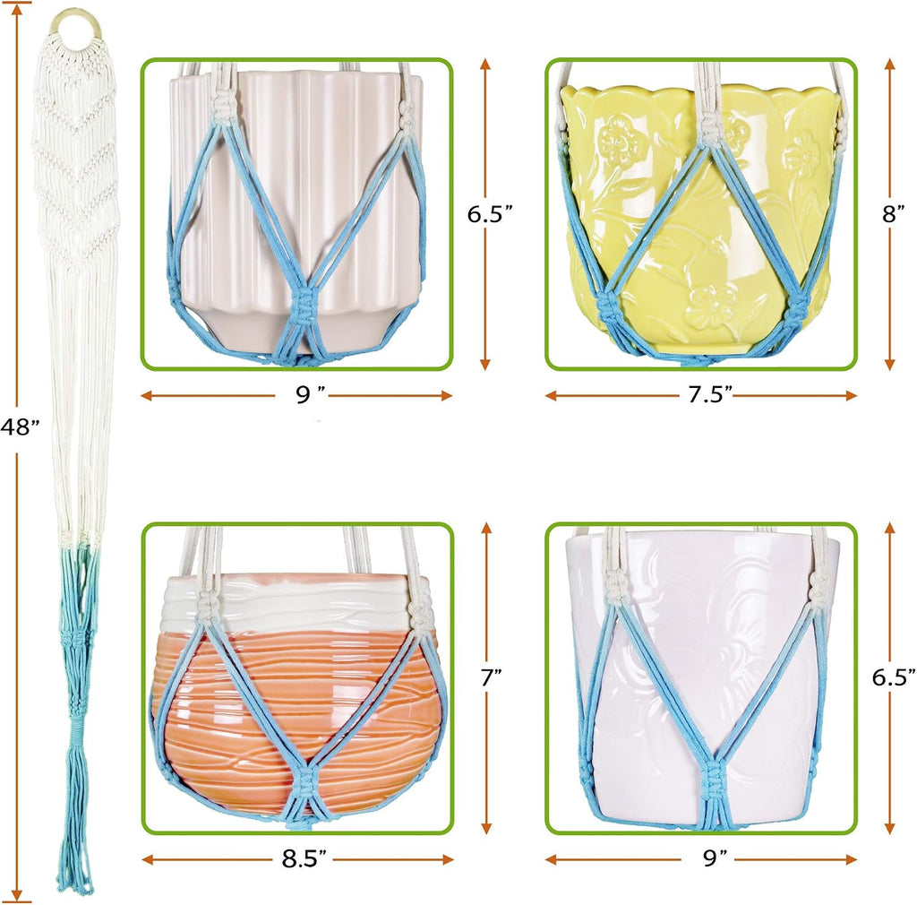 LIVALAYA Macrame Plant Hangers Wall Planter - Blue Ombre 48 Inch, for Indoor or Outdoor, 100% Cotton Rope Hanging Plant Holder with Tassel for Flower Pots and Succulents - Modern Boho Home Décor