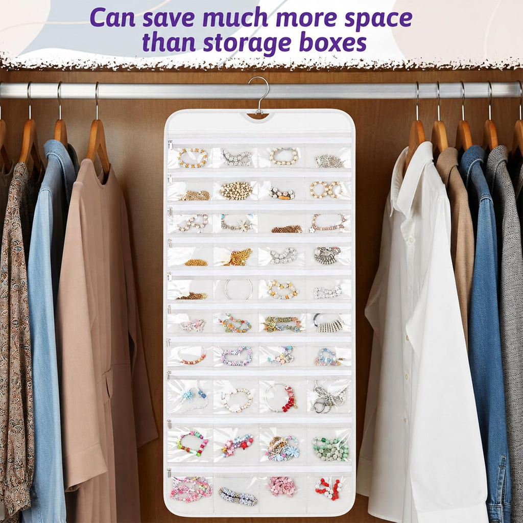 2 Pack Hanging Jewelry Organizer with 80 Zippered Pockets (White)