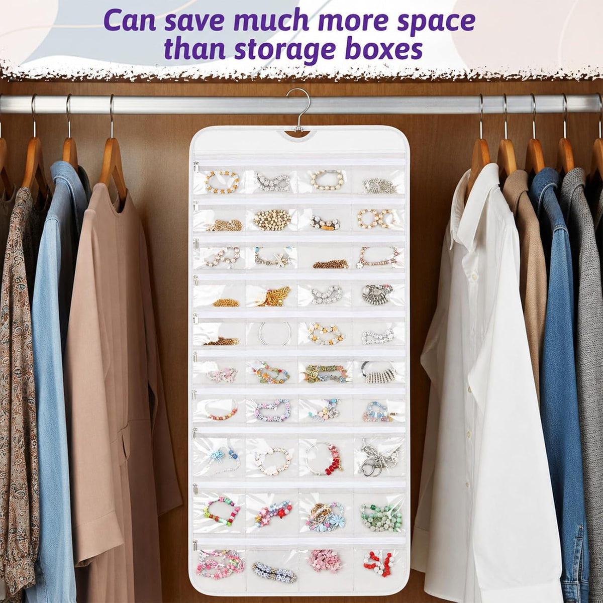 2 Pack Hanging Jewelry Organizer with 80 Zippered Pockets (White)