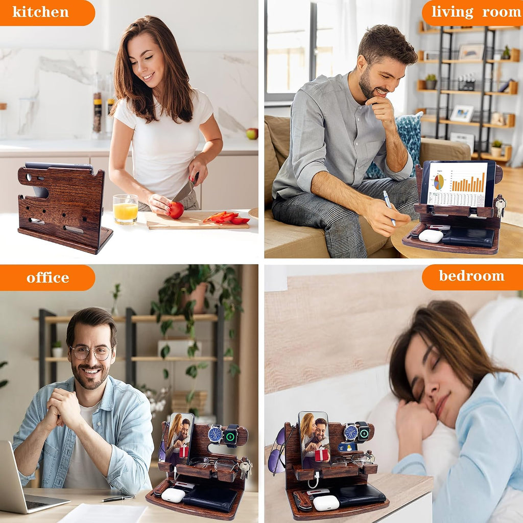 VEIYAILU Gifts for Men Women Dad Husband Son Boyfriend Him Desk or Nightstand Organizer Birthday Gifts Wood Phone Docking Station Anniversary Idea from Wife - Key Holder, Watch (Dark Brown)