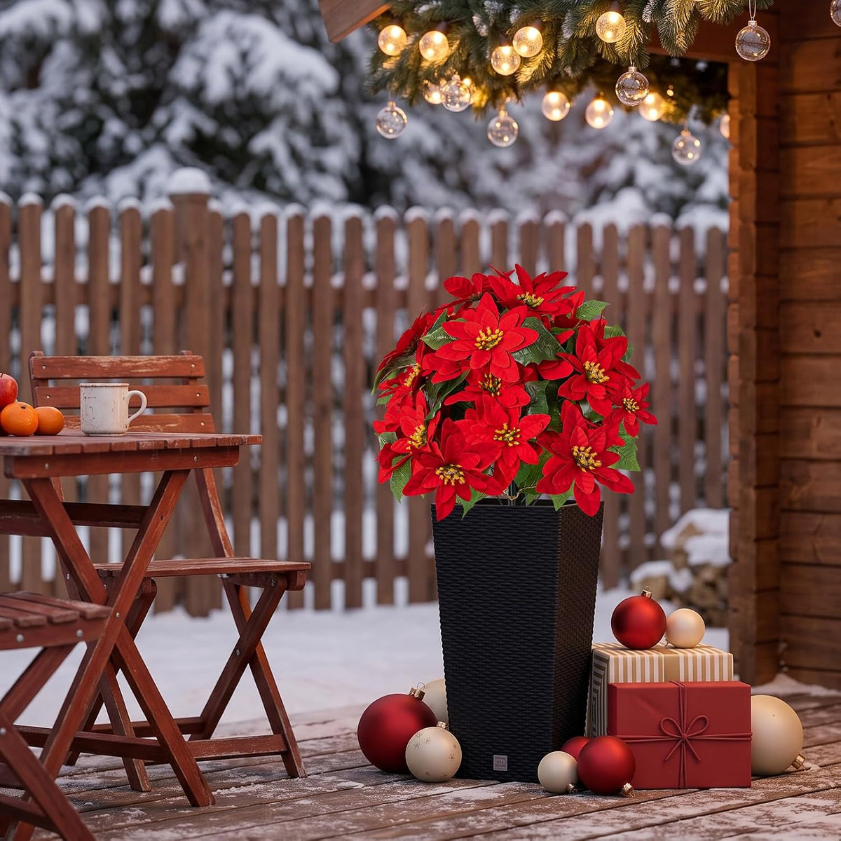 Artificial Christmas Poinsettia Flower Topiary Shrubs, Faux Greenery Ball Bush for Christmas Decoration,24.8" Fake Tree with Ground Spike,UV Resistant Plants for Front Porch Outdoor Decor,Set of 2