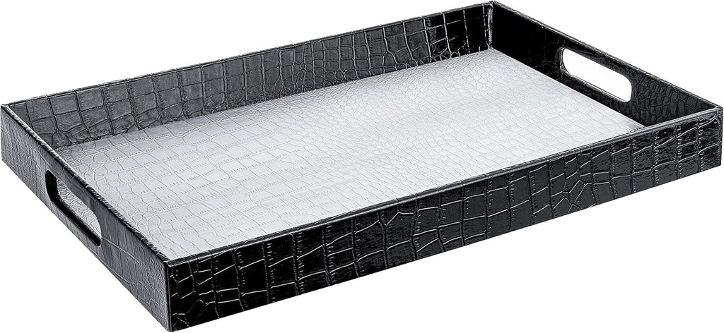 Home Redefined 17.5"x12" Silver & Black Glossy Crocodile Faux Leather Serving Tray Beautiful Modern Elegant Decorative Tray with Handles Ottoman Coffee Table Tv Remote Storage for All Occasion's