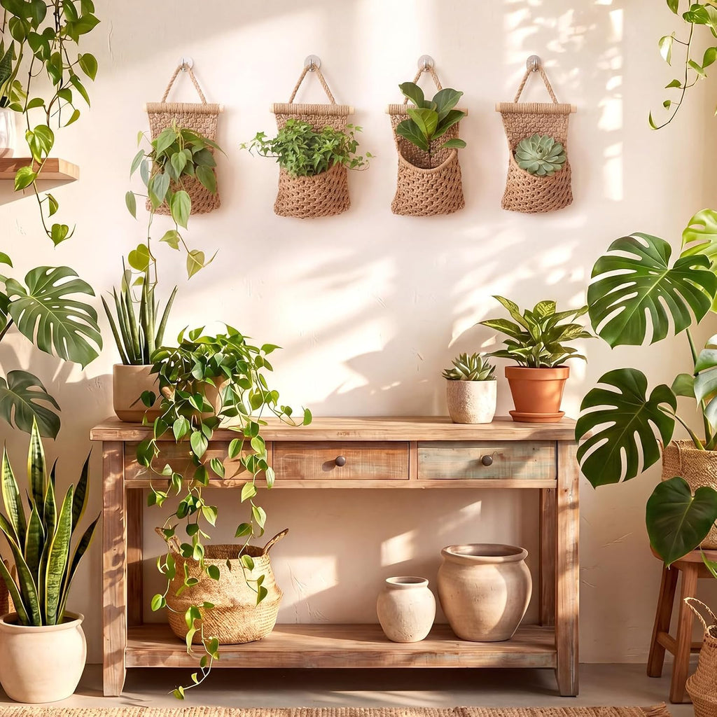 4 Pack Macrame Wall Plant Hangers, Jute with Wooden Rod for Indoor