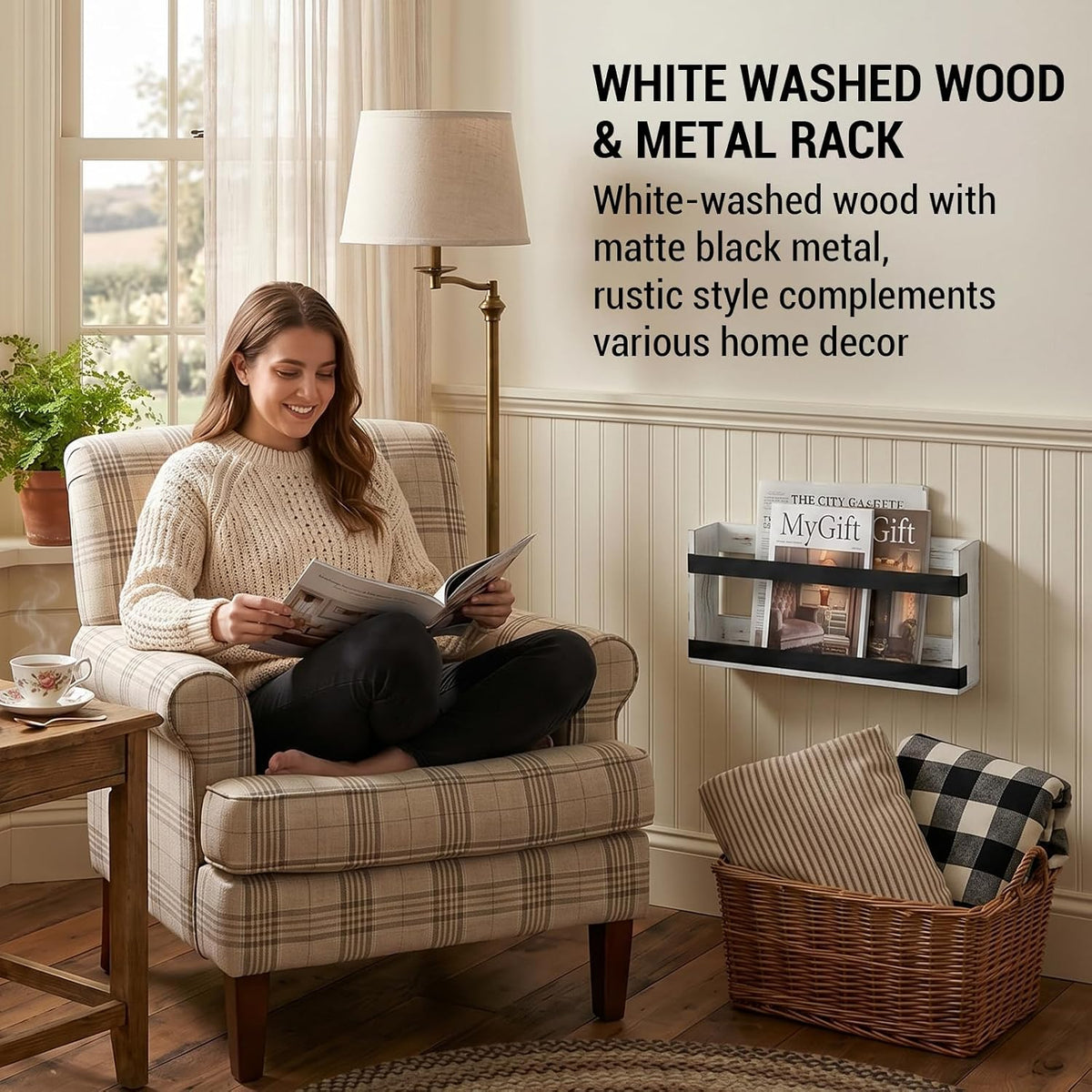 MyGift Magazine Rack, Whitewashed Wood & Black Metal, Wall-Mounted Display