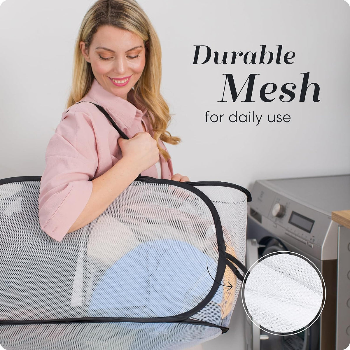 Foldable Laundry Basket - Popup and Collapsible, Durable Mesh Material, Folds for Storage, Easy Carry Handles - Great Hamper for College Dorm, Laundry Room or Travel (White-Black, 2-Compartments)