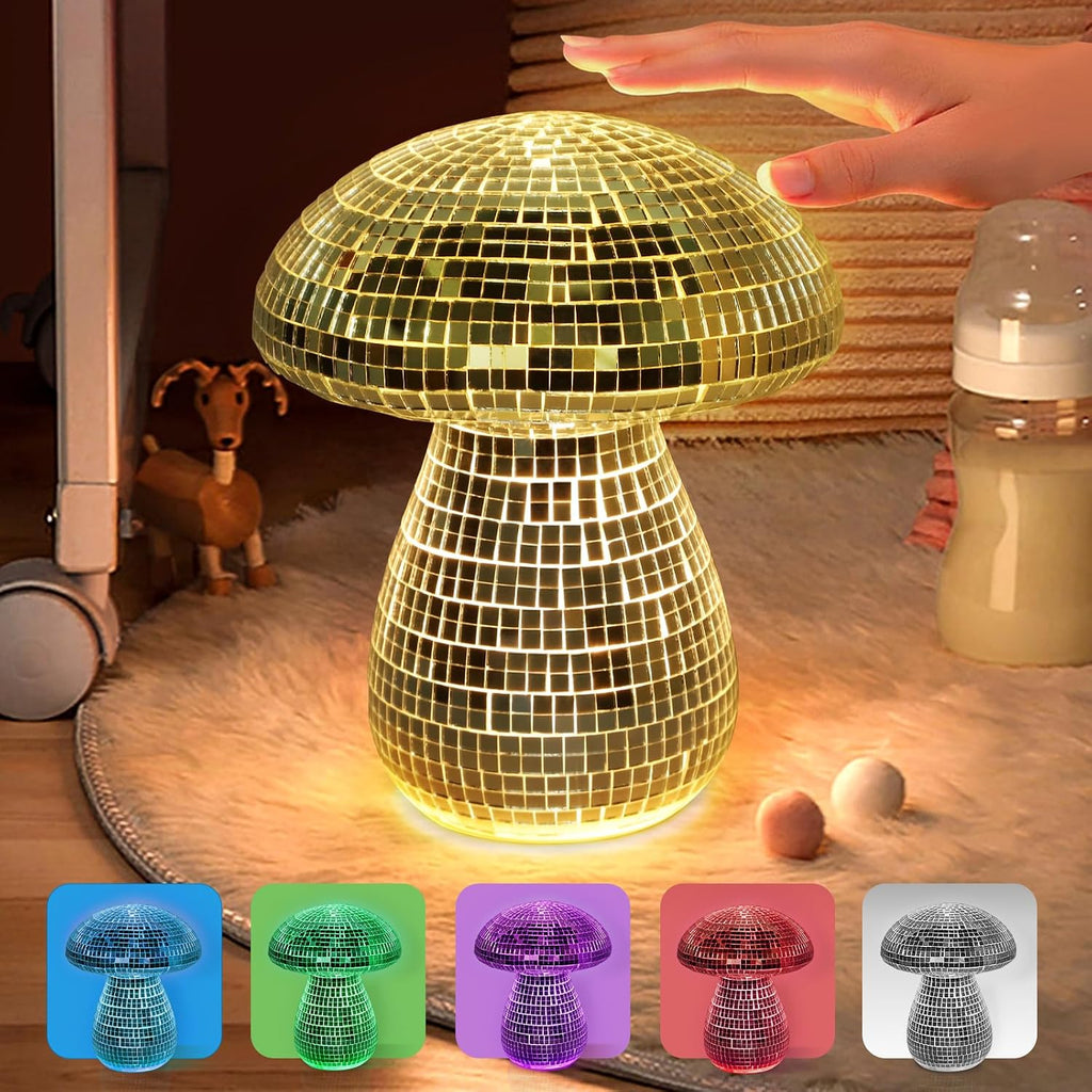 Mushroom Table Lamp Decor Light: Disco Glass Bedside Table Lamp with Rechargeable Cordless Touch - 5 Colors, 2 Mood Lighting - Cute Nightstand Lamp for Ambient, Kids, Bedroom, Living, Girl Gift