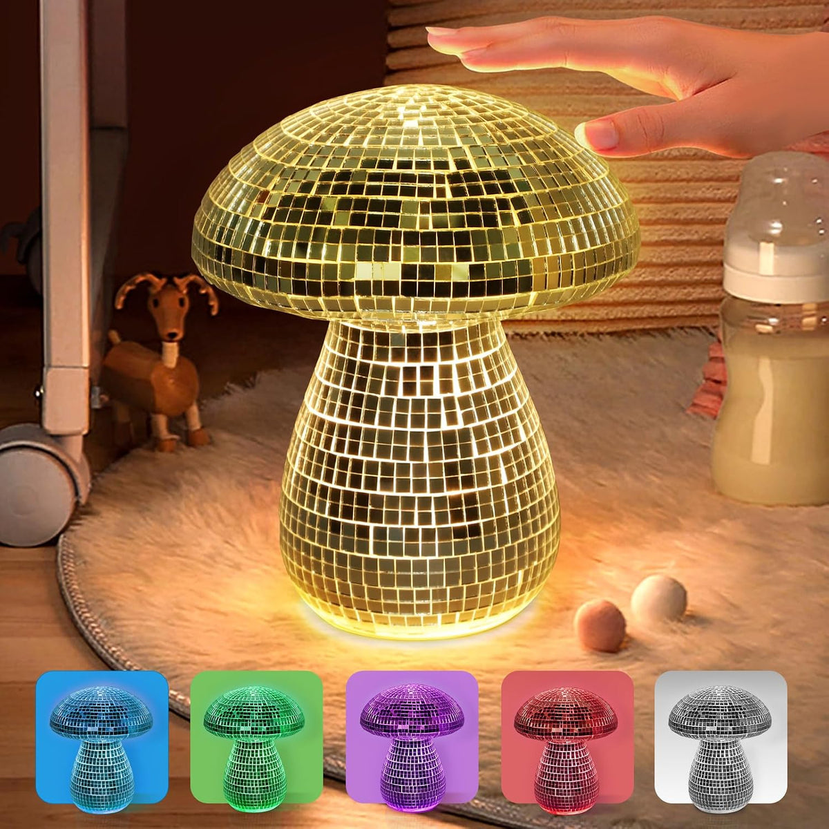 Mushroom Table Lamp Decor Light: Disco Glass Bedside Table Lamp with Rechargeable Cordless Touch - 5 Colors, 2 Mood Lighting - Cute Nightstand Lamp for Ambient, Kids, Bedroom, Living, Girl Gift