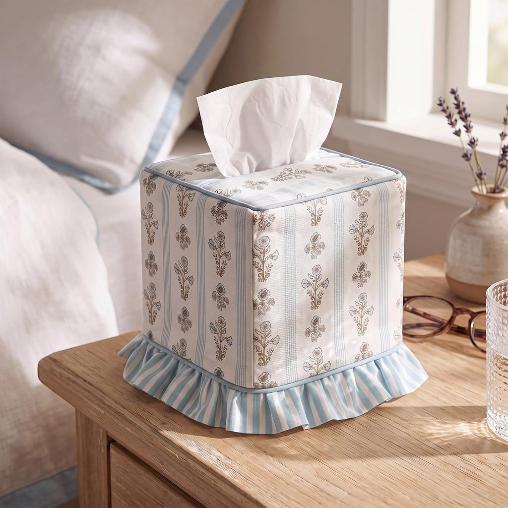 Grandmillennial Floral Ruffle Tissue Box Cover Block Printed