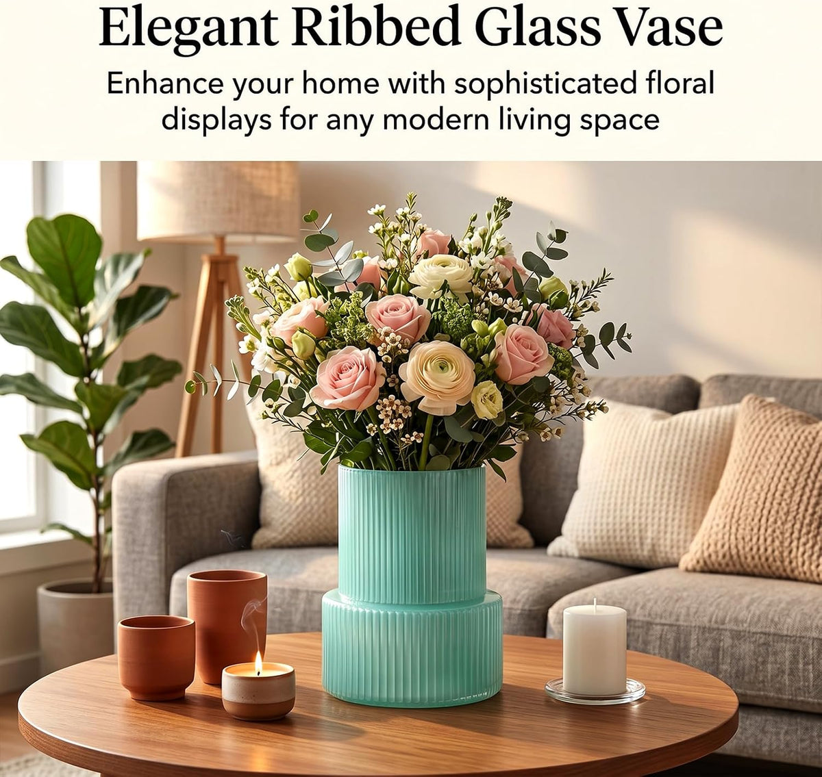 Green Ribbed Glass Vase, Modern Design Flower Vase