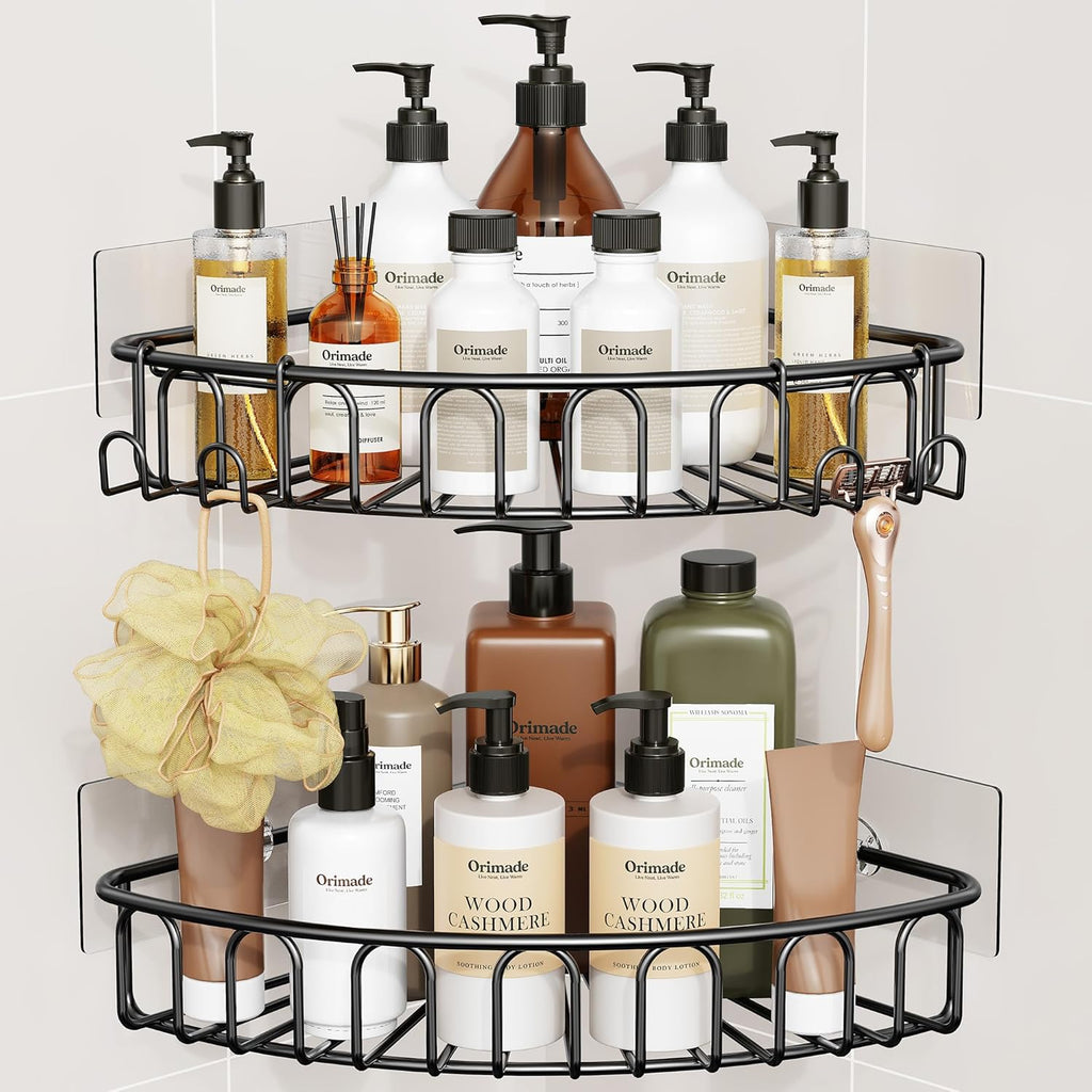 Orimade Corner Shower Caddy Stainless Steel with Hooks Wall Mounted Bathroom Shelf Storage Organizer Adhesive No Drilling 2 Pack, Black Only for 90-Degree Corner