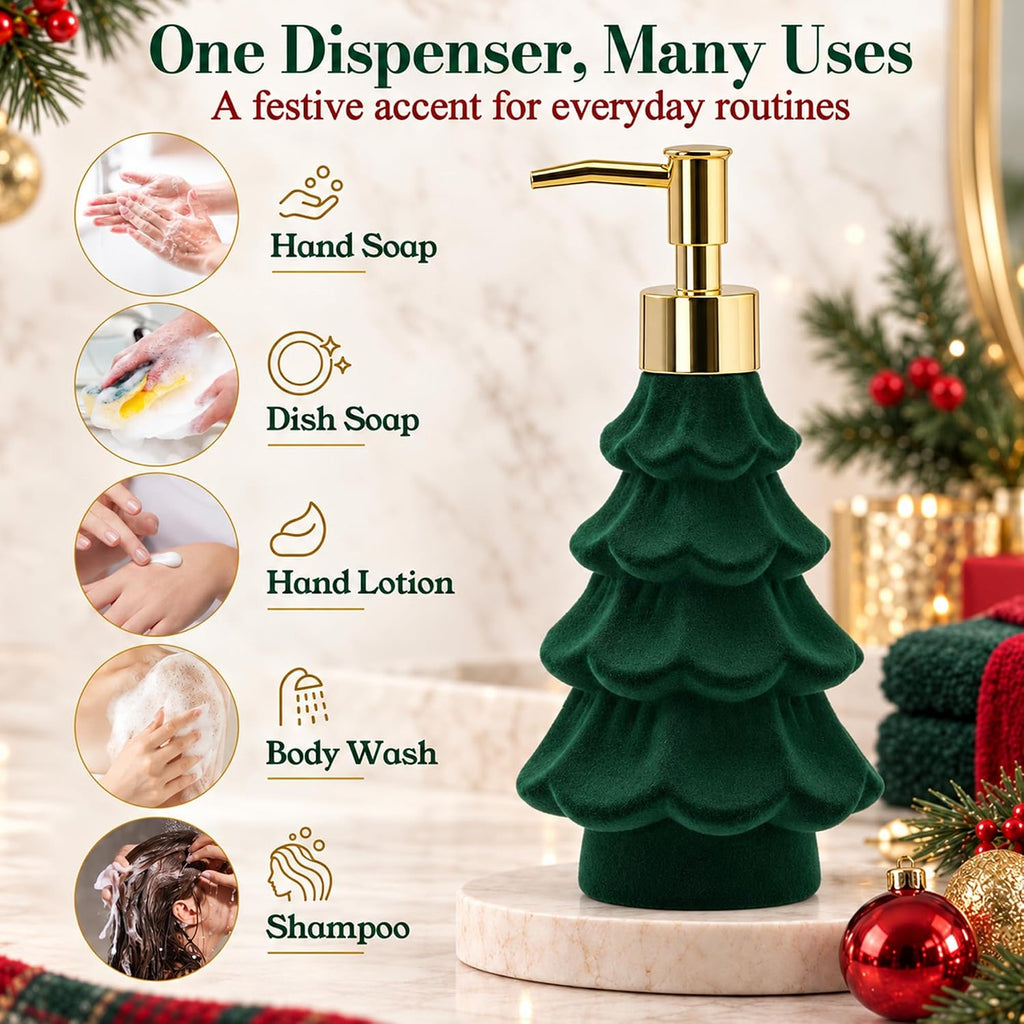 Christmas Soap Dispenser,Flocked Green Christmas Tree for Bathroom Kitchen