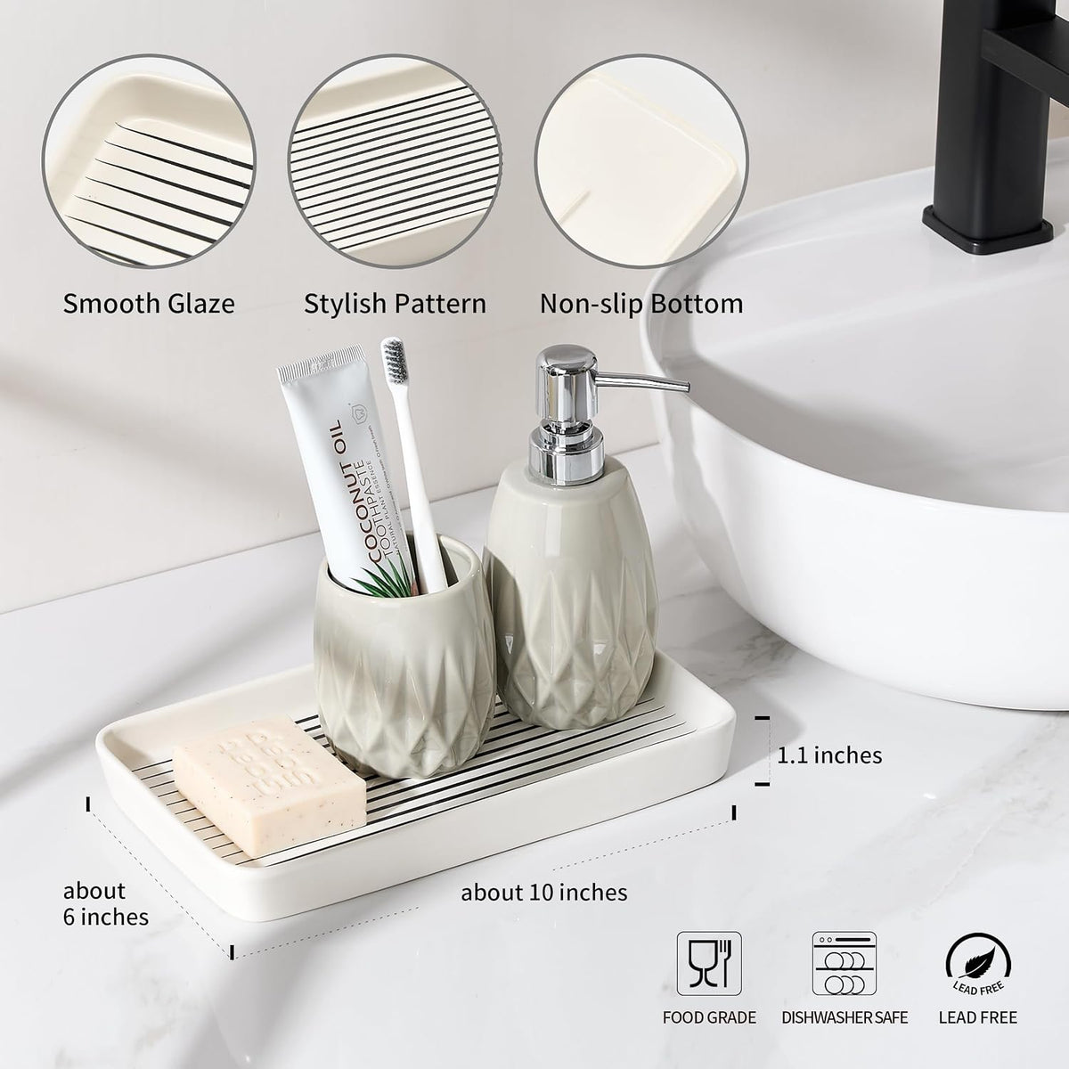10"×6"×1" White Bathroom Vanity Tray for Countertop- Ceramic Decorative Organizer Tray for Dresser Tops, Toilet, Perfume, Sponge Holder Soap Dish Dispenser for Kitchen Counter- Black Stripes