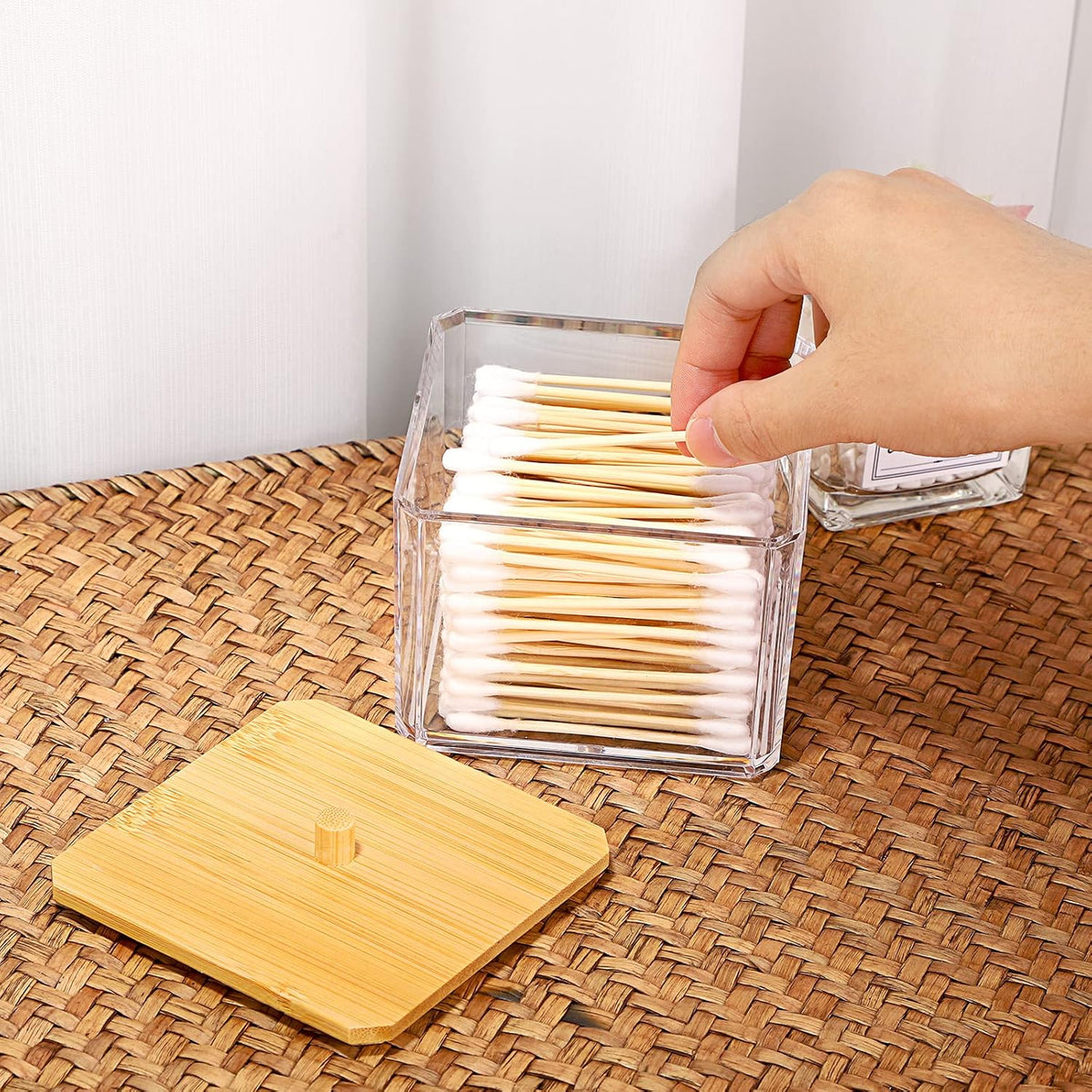 Hipiwe Acrylic Q-Tip Holder Dispenser with Lid Clear Bathroom Canisters