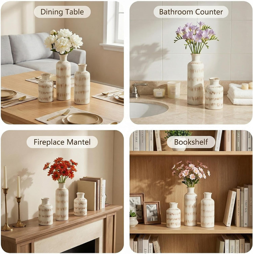 Vintage Ceramic Flower Vase Set of 3, Rustic Farmhouse Vase for Home Decor, Distressed Decorative Vase for Table Entryway Mantel Centerpiece Living Room Bathroom Bedroom (Ivory Vein)