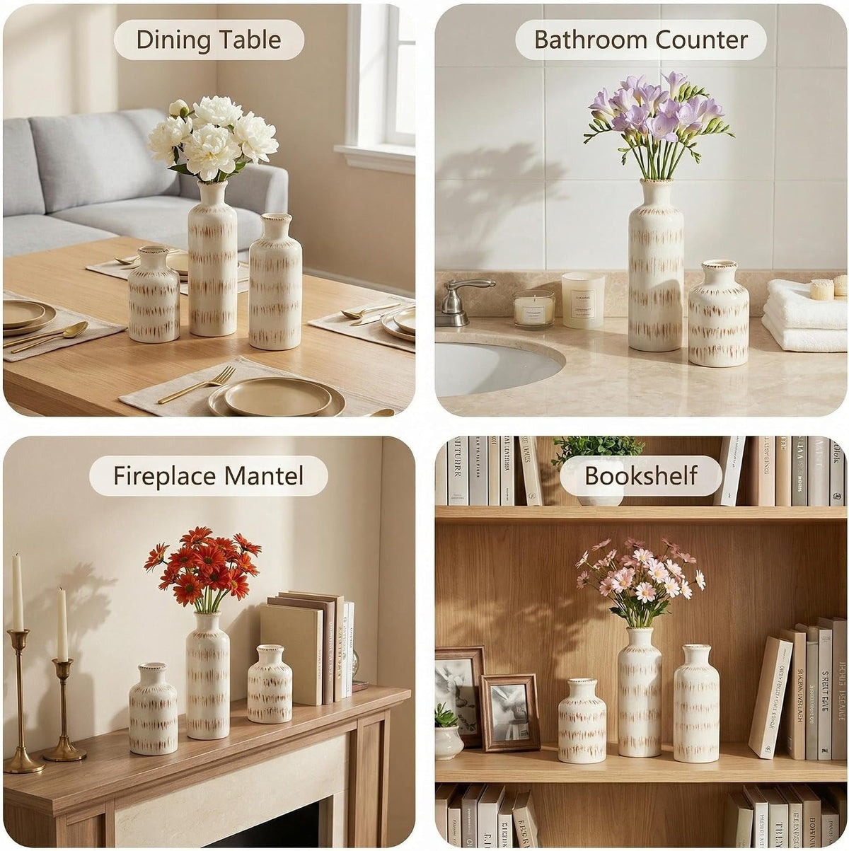 Vintage Ceramic Flower Vase Set of 3, Rustic Farmhouse Vase for Home Decor, Distressed Decorative Vase for Table Entryway Mantel Centerpiece Living Room Bathroom Bedroom (Ivory Vein)