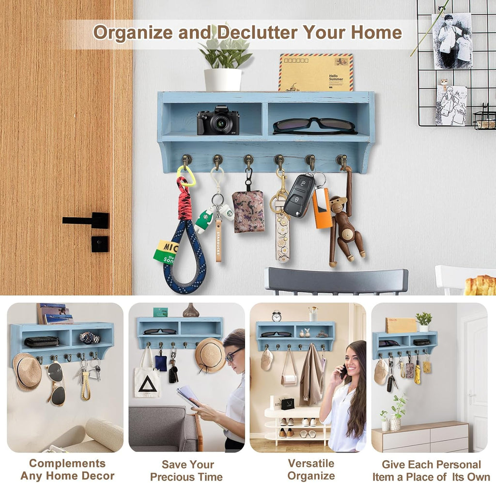 Key Holder Wall Mount with Mail Organizer, 6 Hooks & Shelf, Blue