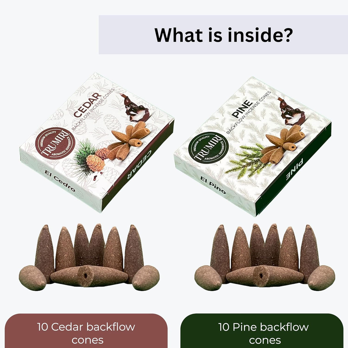 TRUMIRI Backflow Incense Cones - Combo Pack of 20 Incense Cones Waterfall - 10 Cedar + 10 Pine - Incense Backflow Cones - Waterfall Incense Cones - Incense Waterfall Cones