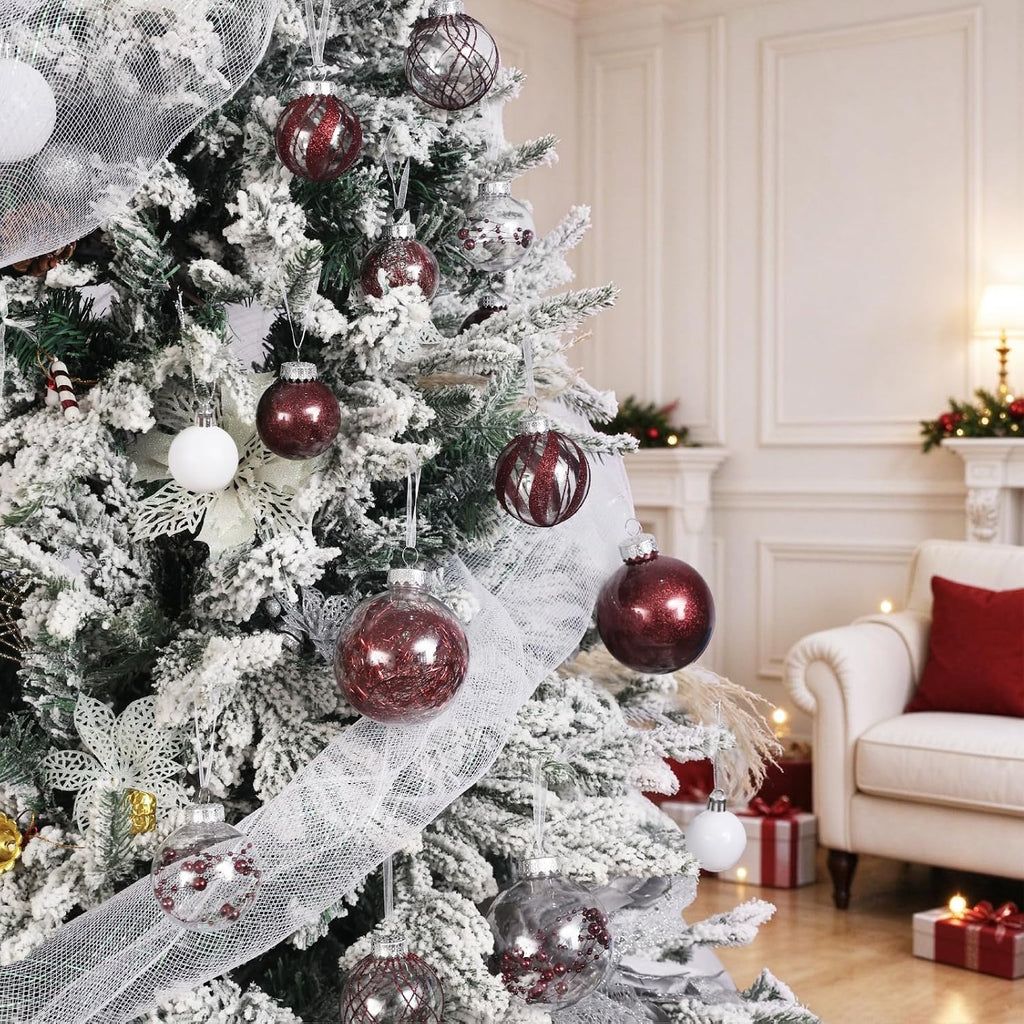 Clear Christmas Ball Ornaments,24ct Shatterproof Plastic Decorative Christmas Ornaments Hanging Xmas Tree Baubles Set with Stuffed Delicate Glittering Decorations for Holiday Home Decor(Burgundy)