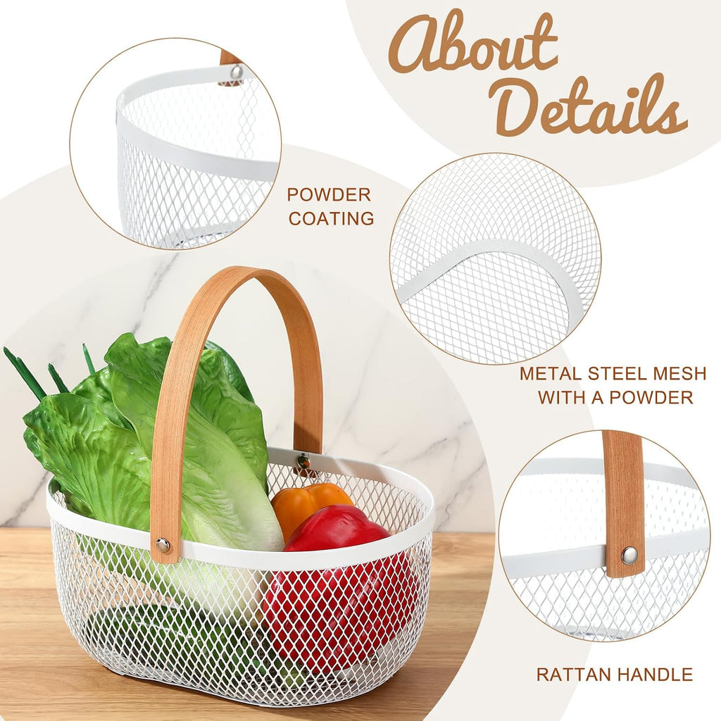 Maxcheck 4 Pcs Oval Metal Wire Baskets with Handles for Kitchen, White