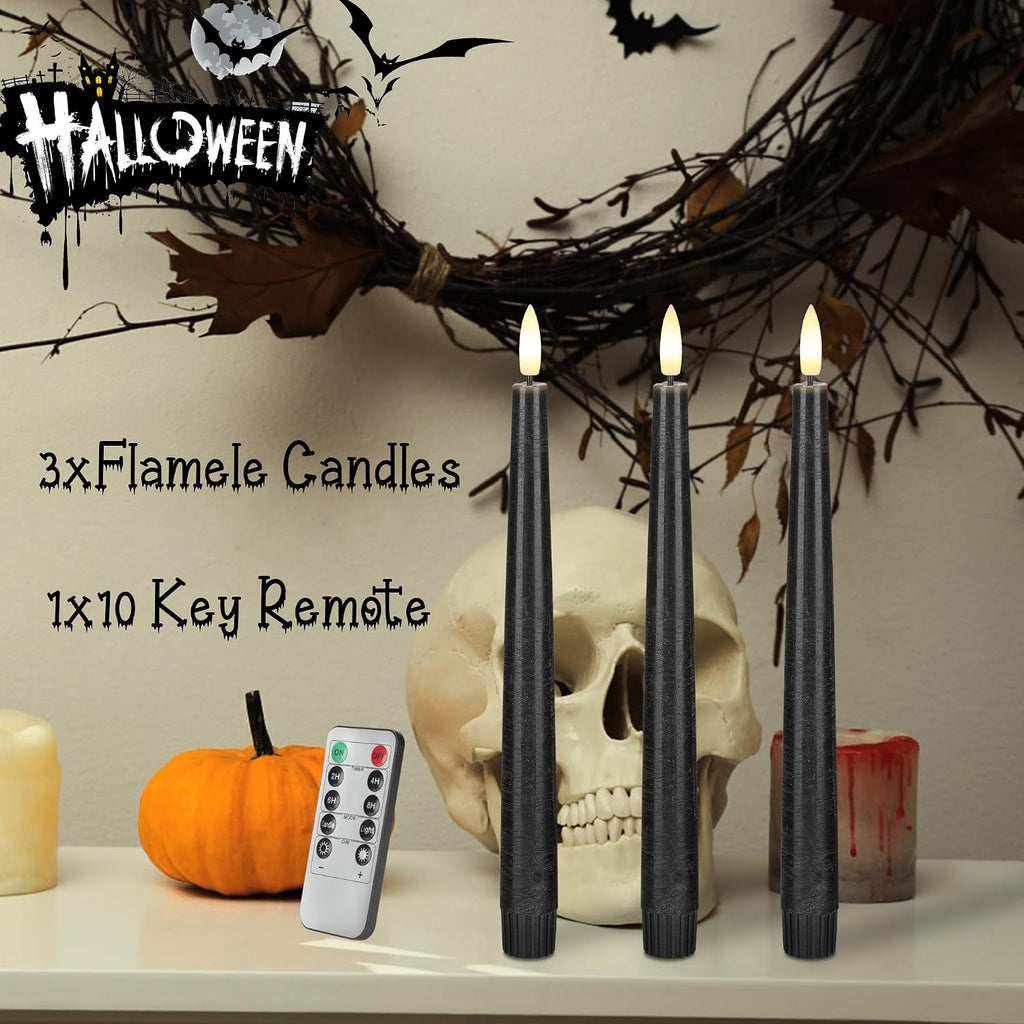 Black Flameless Candles with Remote, Halloween Taper Candles Decor, 3 Pack