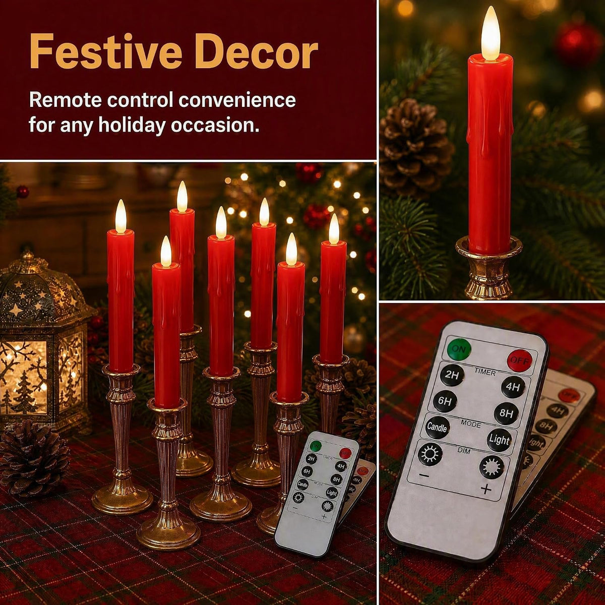 Red Flameless Flickering LED Taper Candles with Remote Timer