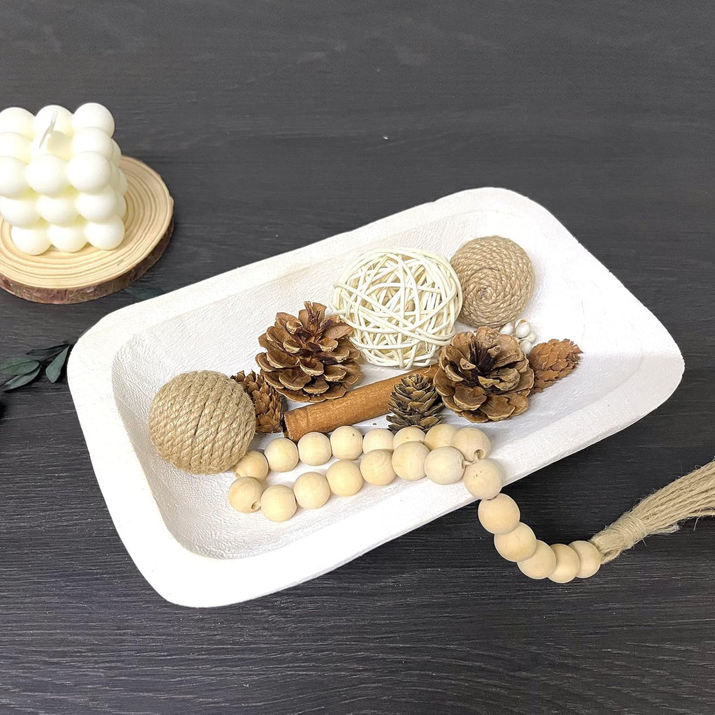 Wooden Dough Bowl Decor, Vintage Wooden Bowl Hand Carved Home Decor for Dining Table Center, Living Room, Kitchen Decor. (10in white)