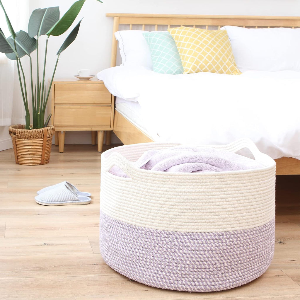 Sea Team XXXL Cotton Rope Basket, Large Woven Nursery Storage Bin, Laundry Hamper, Jumbo Blanket Basket for Rugs, Cushions, Pillows, Toys Organizer, 22 x 14 Inches, White & Mottled Lavender
