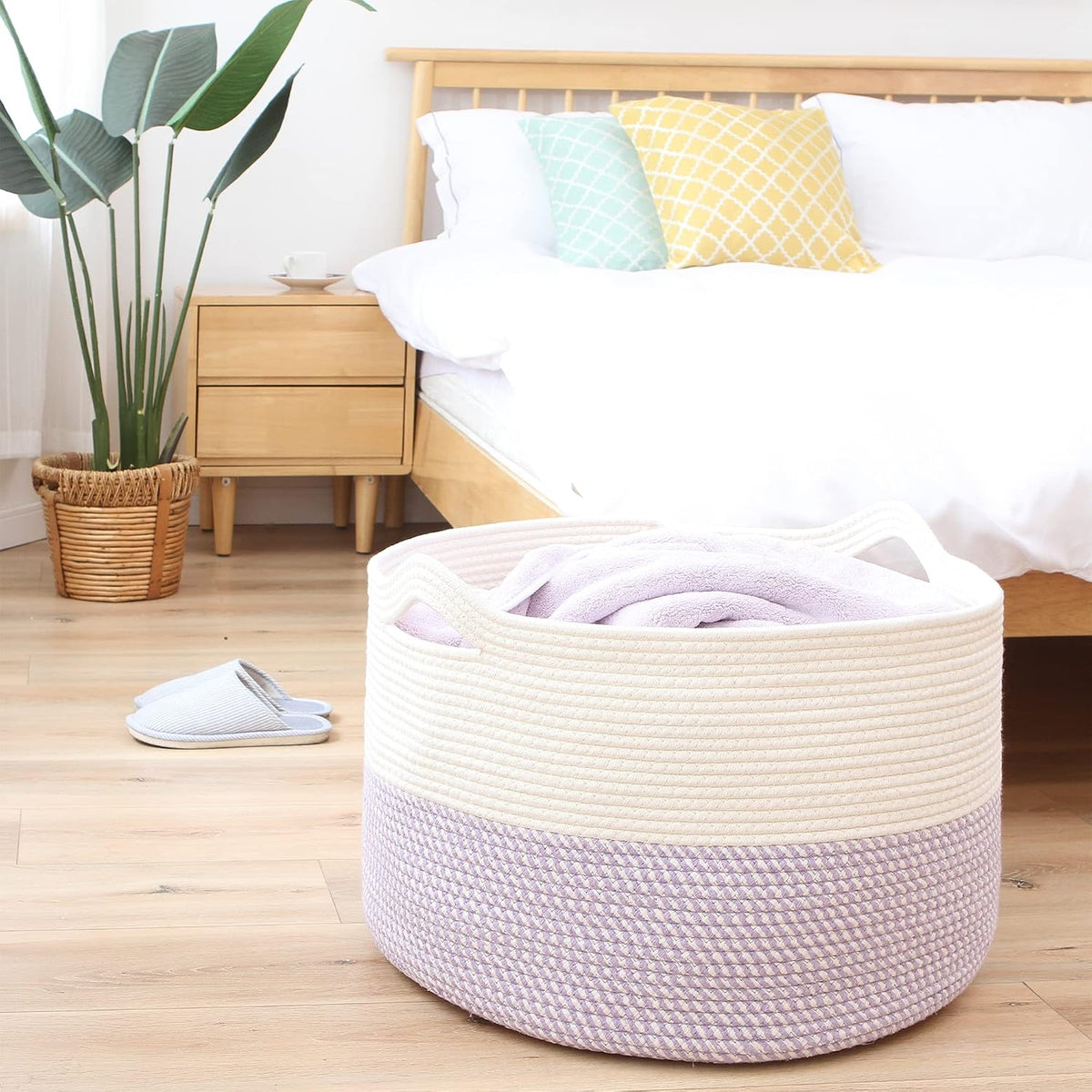 Sea Team XXXL Cotton Rope Basket, Large Woven Nursery Storage Bin, Laundry Hamper, Jumbo Blanket Basket for Rugs, Cushions, Pillows, Toys Organizer, 22 x 14 Inches, White & Mottled Lavender