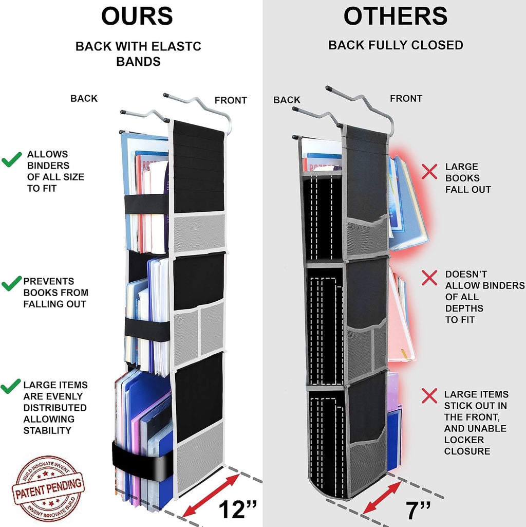 ABRA® 3 Shelf Hanging Locker Organizer for School, Work, Gym | Deep Shelves 6.5”x 9”| Eco-Friendly Fabric Healthy for Children | Adjustable School Locker Shelf from 3 to 2 Shelves (Black/White)