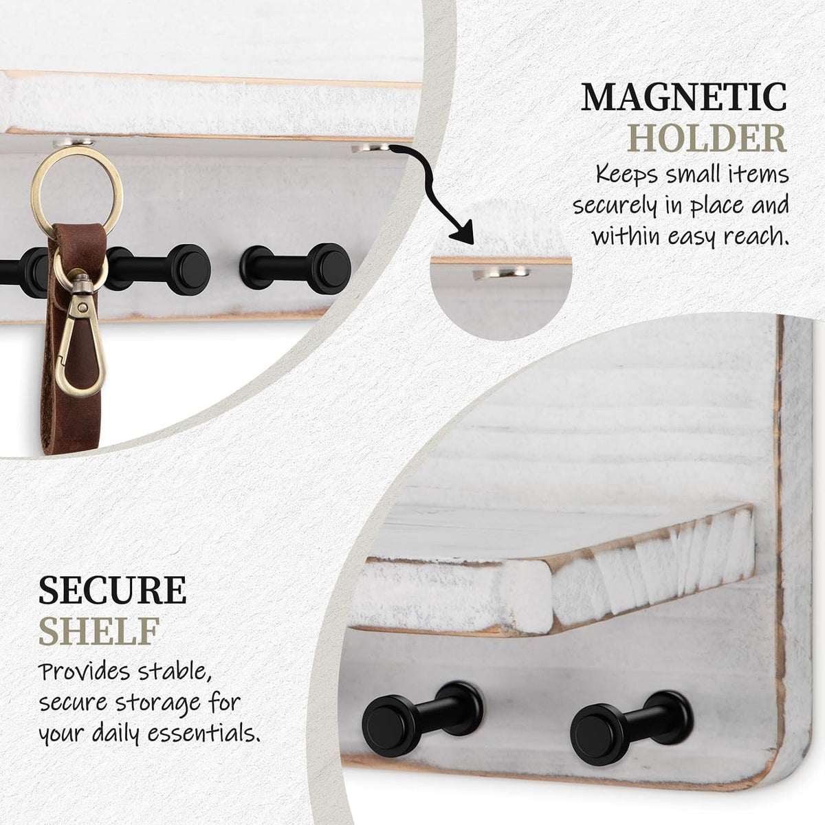 Nekon Key Holder for Wall with Shelf, Pine Wooden Key Hanger, Rustic White